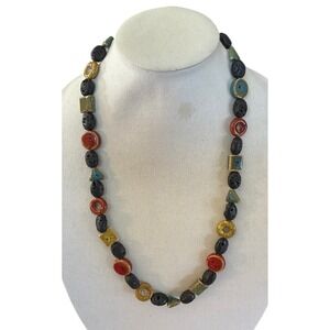 Vintage Beaded Necklace Lava Rock Ceramic Boho Earthy Geometric Natural Volcanic